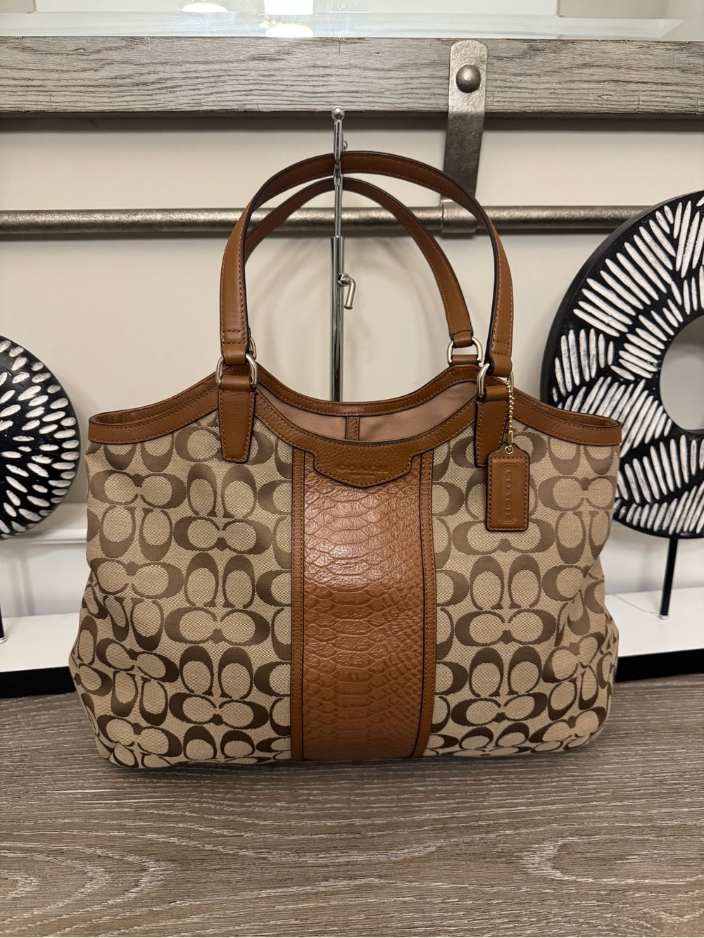 Coach Tan Signature  Canvas Tote with Brown Leather Trim